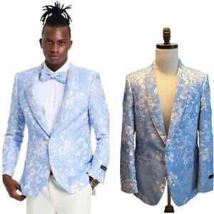 Tazzio Bespoke Europa Blazer Jacket Sky Blue Floral  Size Large - Slim Fit